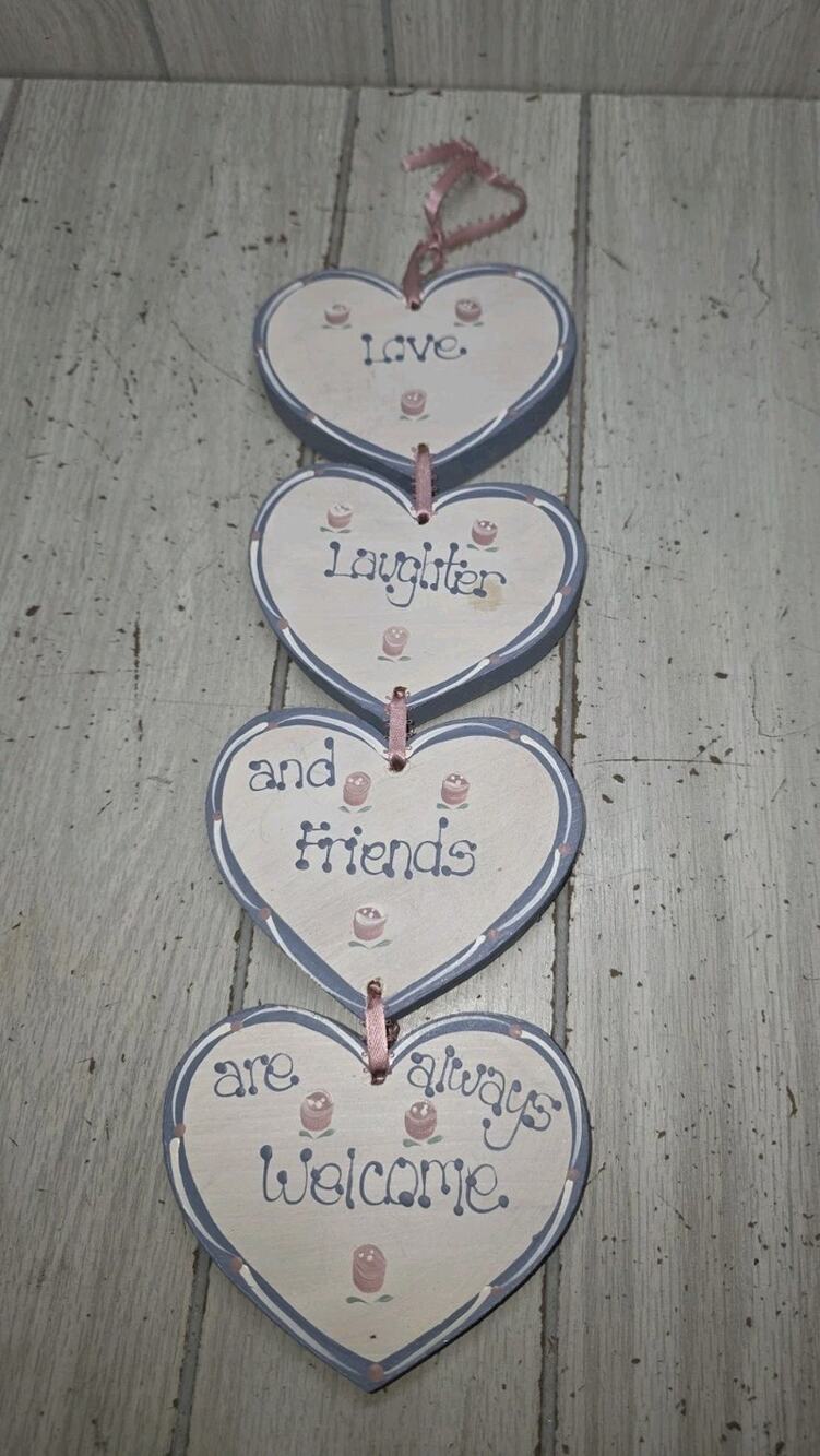 Vtg Cottage 4 Wood Hearts Love Laughter Friends Welcome Hanging Sign Handpainted